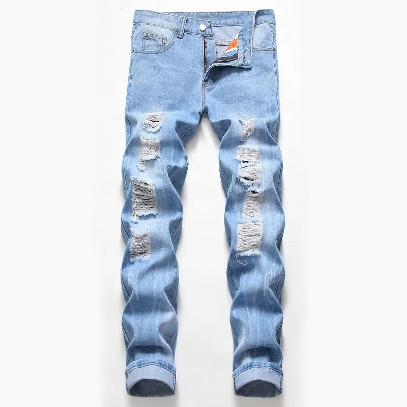 

New Fashion Streetwear Ripped Jeans Retro Light Blue Motorcycle Jean Mens Designer Clothes Distressed Skinny Slim Denim Jeans