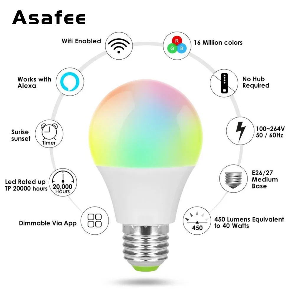 Умная лампа Asafee Magic Home светодиодная с Wi Fi E27 RGB 4 5 Вт 7 220 В 110 совместима Alexa Google
