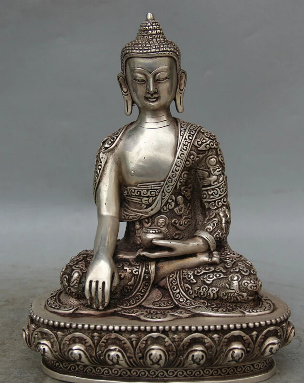 

Collectible bronze S1623 9" Tibet Tibetan Buddhism Silver Shakyamuni Amitabha Buddha Robe Bowl Statue