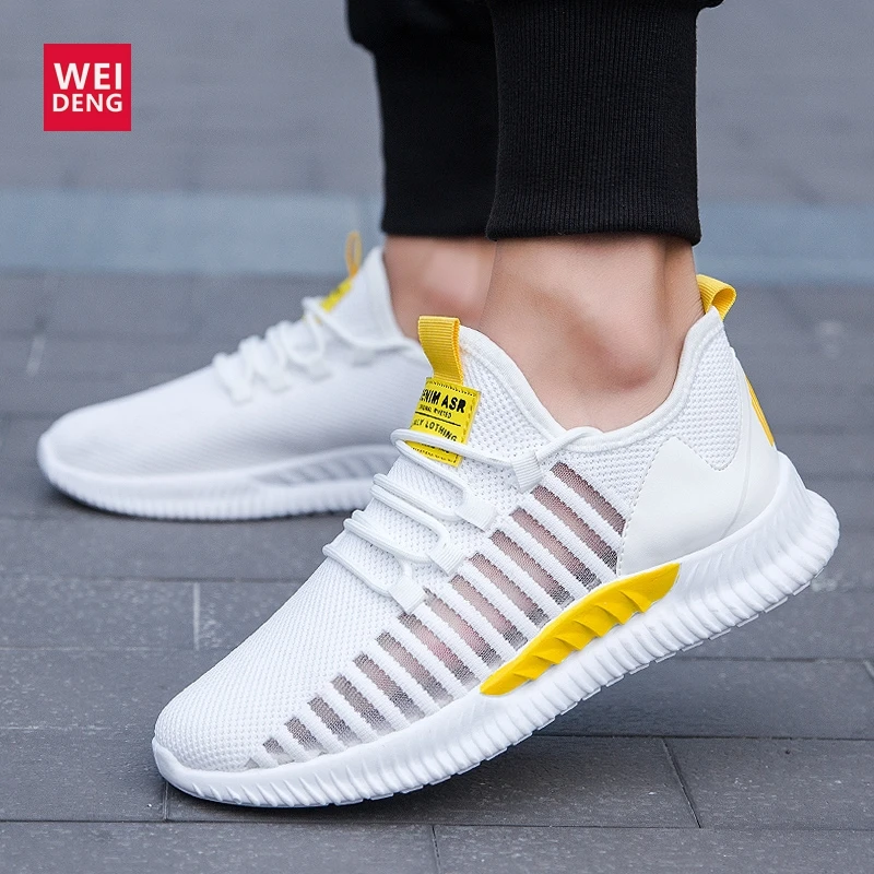 

WeiDeng Men Casual Breathable Tenis Masculine Shoes Running Soft Light Sole Mesh Lace Up Absorption Transparent Cool Fashion