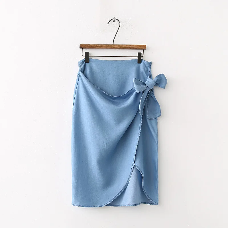 

DQ2869 Fashion women elegant crossed side bow knot tencel jeans skirt ladies slim blue soft denim skirts