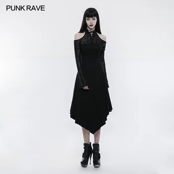 

PUNK RAVE Women Dress Gothic Black Lace Spliced Off Shoulder Dress Victorian Vintage Long Sleeve Evening Party Formal Dress