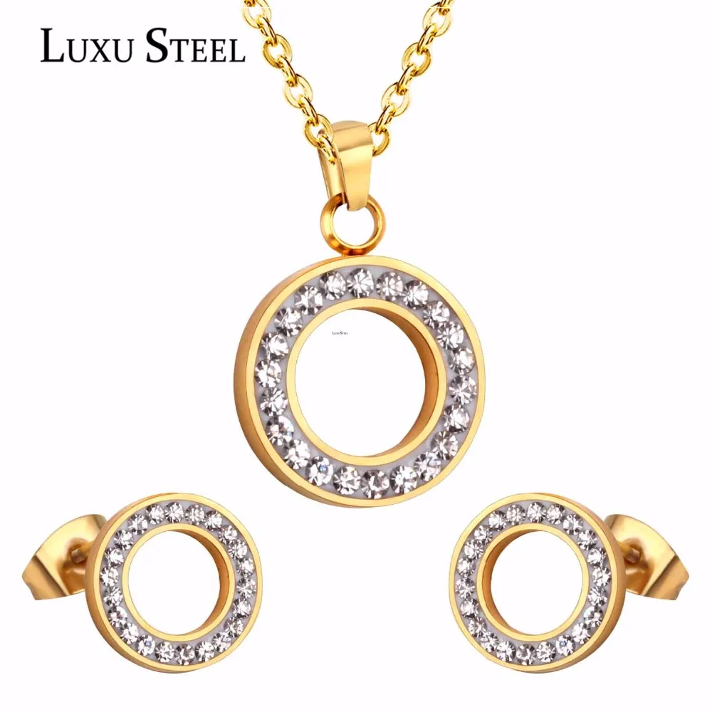 

LUXUSTEEL Women Bridal Jewelry Sets Charm Crystal Pendants Necklaces Stainless Steel Hollow Out Stud Earrings Wholesale