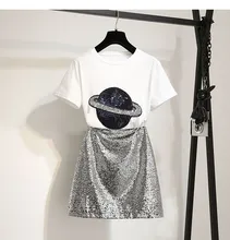 2019 Fashion Women Cotton T-Shirts Tops Pencil Mini Skirt 2 Piece Sets O-Neck Summer Streetwear Sequins Skirt Suits black fashion sequins embellished mini skirt