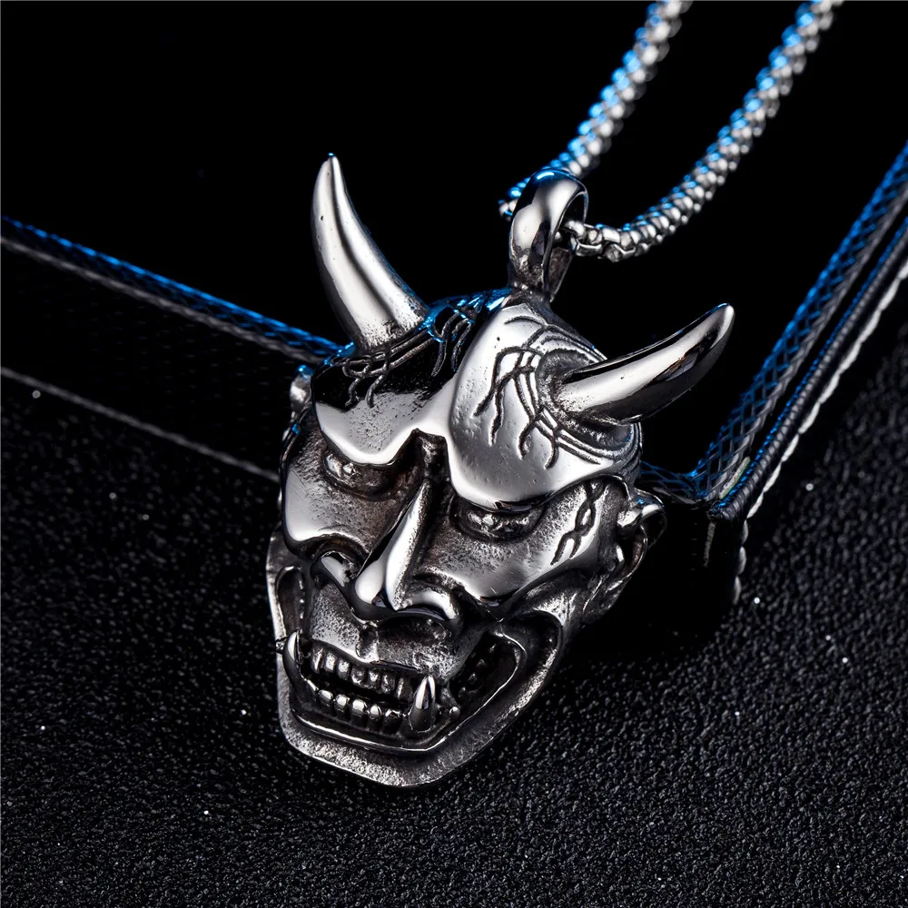 Stainless Steel Evil Oni Noh Hannya Mask Pendant Necklace Wallet