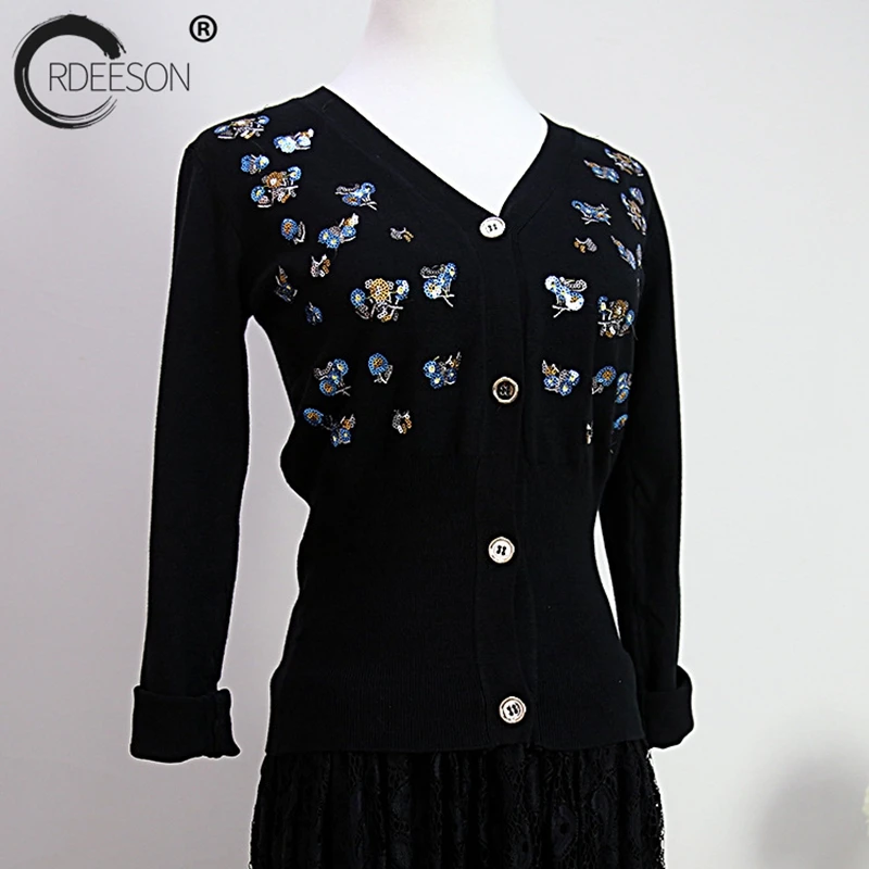 ORDEESON Sequin Floral Embroidery Cardigans Womens Sweaters 2017 Jumper