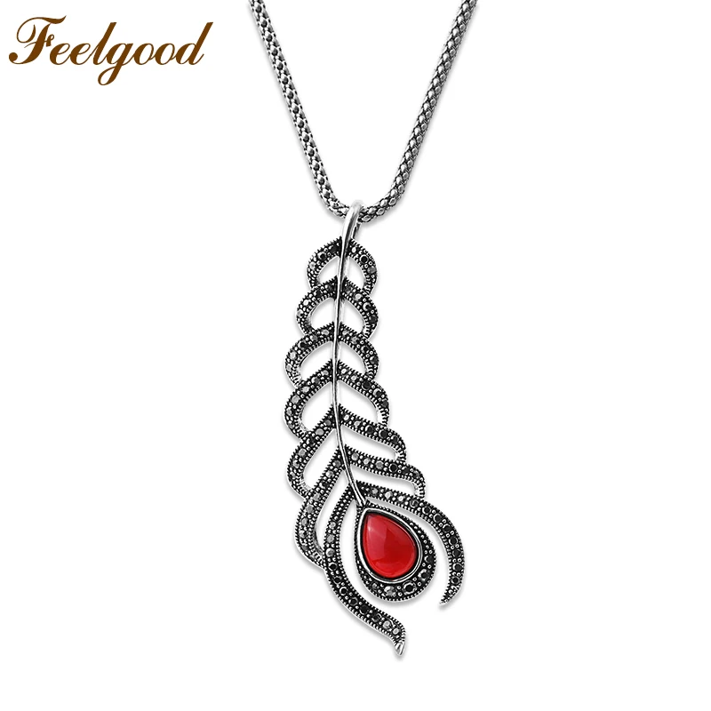 

Feelgood Red Green Black Bohemian Vintage Feather Pendant Necklace Antique Silver Color Copper Necklace Party Jewelry Women Gift