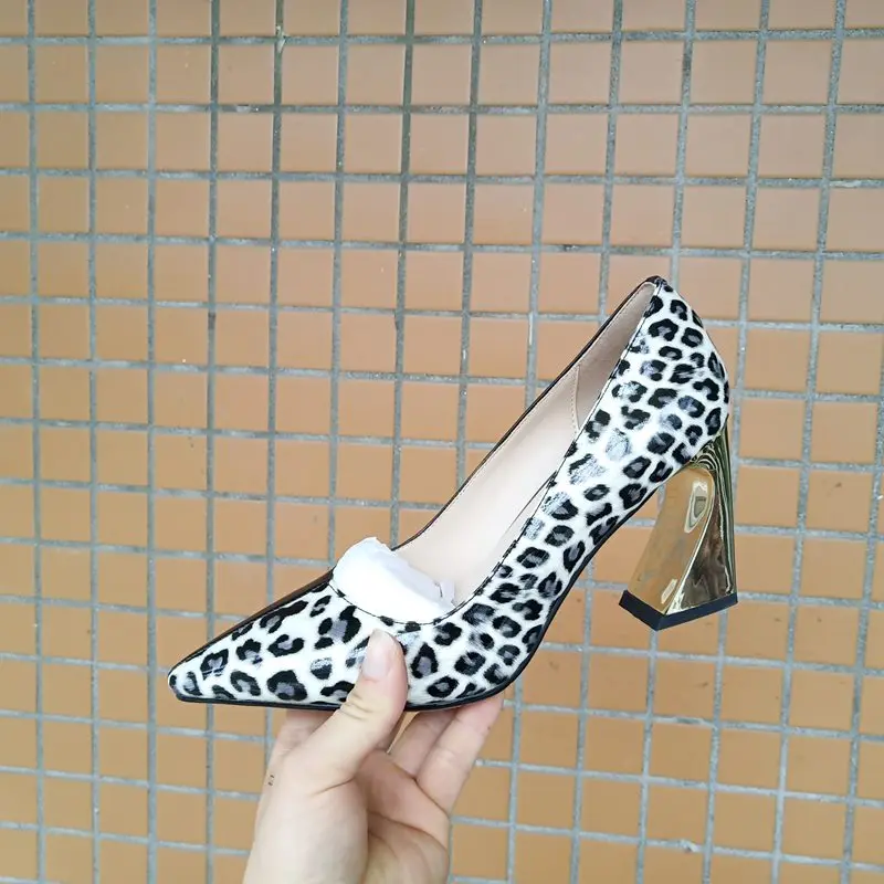 ALLBITEFO Leopard Print genuine leather women high heels pointed toe fashion sexy high heel shoes girls party heel women shoes