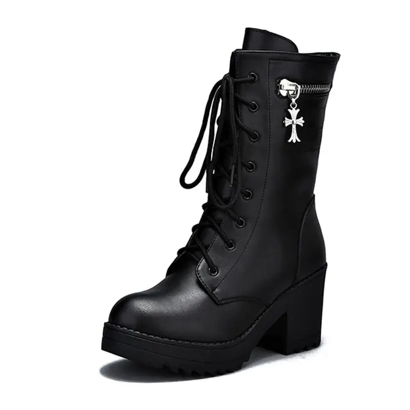 

New Autumn And Winter Martin Motorcycle Boots With Rough Plus Velvet Boots PU Leather High-heeled Cotton Motorcycle Shoes