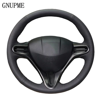 

GNUPME DIY Artificial Leather Steering Cover Hand-Stitched Black Car Steering Wheel Cover for Honda Fit 2009-2013 City Jazz