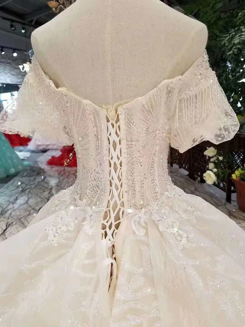 LSS206 Шампанское Кружева Свадебные платья 2019 с короткими расклешенными рукавами сексуальный v-back свадебное платье элегантный 11,11 Globel Shopping