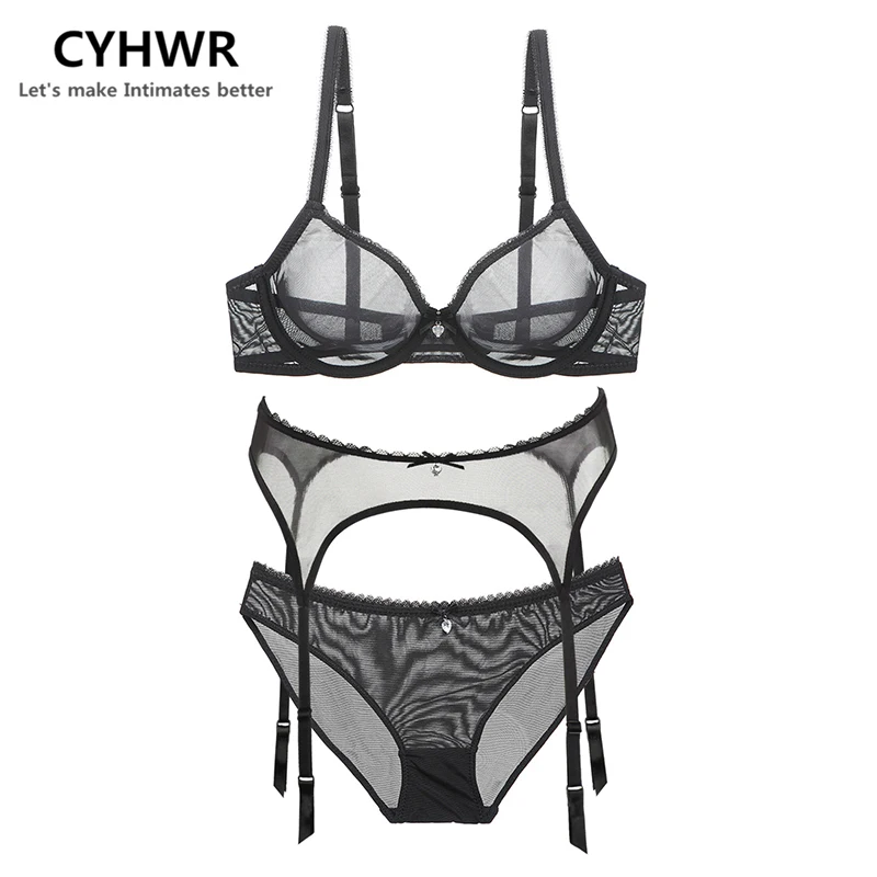 

CYHWR Women See-through Lace Push Up Transparent Everyday Bra set and garters
