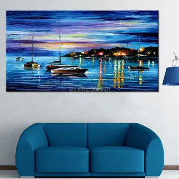 

Hand Painted blue seascape wall painting peaceful Quiet night of harbor canvas picture Boat scenery Home Decor Oil Painting