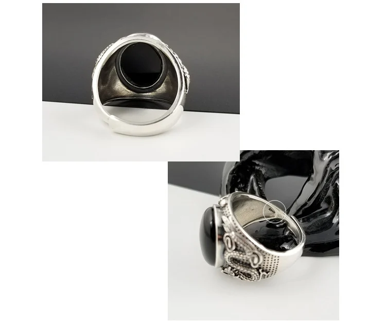 Настоящий 925 металлический браслет черный оникс камень кольцо для мужчин Женский Выгравированный Дракон Мужская мода Стерлинговое тайское серебро ювелирные изделия синтетический оникс