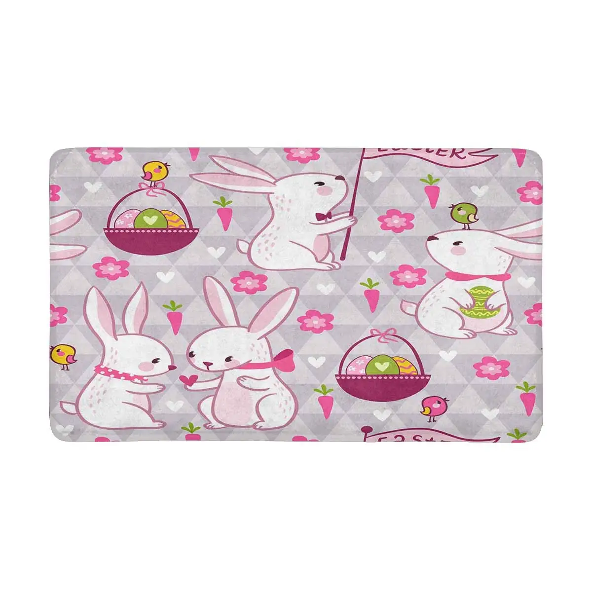 Easter Cartoon Cute Rabbits Eggs Carrots and Flowers Doormat Anti Slip