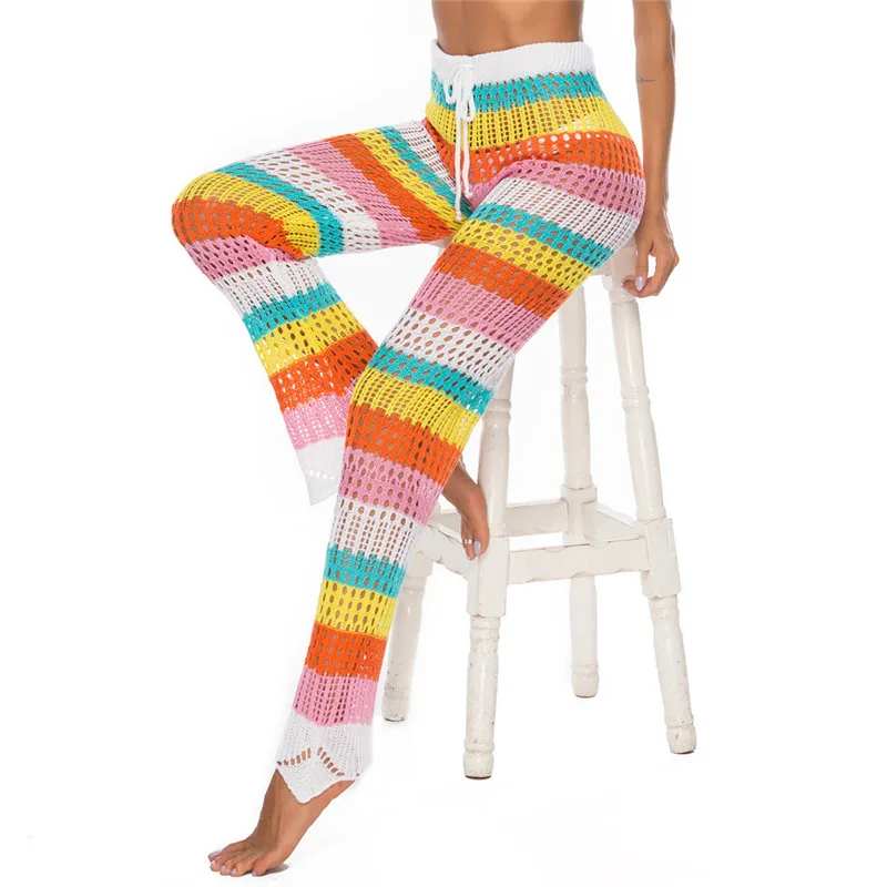 

Womens Cover Up Pants Sexy Hollow Out Crochet High Waist MeshSwimsuits Pants Beach Bow Shorts #A