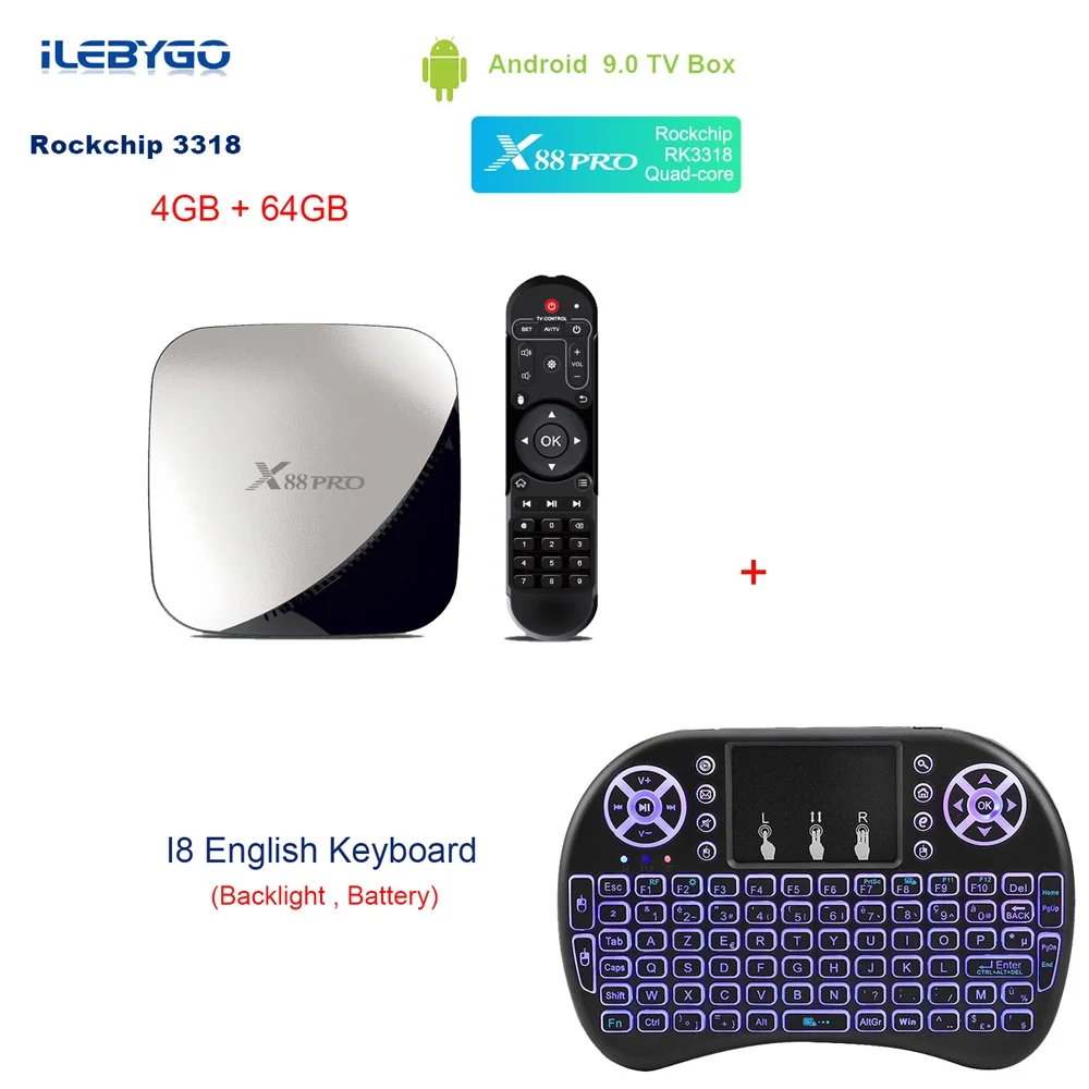 Ilebygo X88 pro Android 9,0 ТВ коробка 4G 64G RK3318 4 ядра 2,4G и 5G Wi-Fi 4 K HDR Smart Декодер каналов кабельного телевидения USB 3,0 Поддержка 3D фильм Ott Box - Цвет: 4GB 64GB i8N