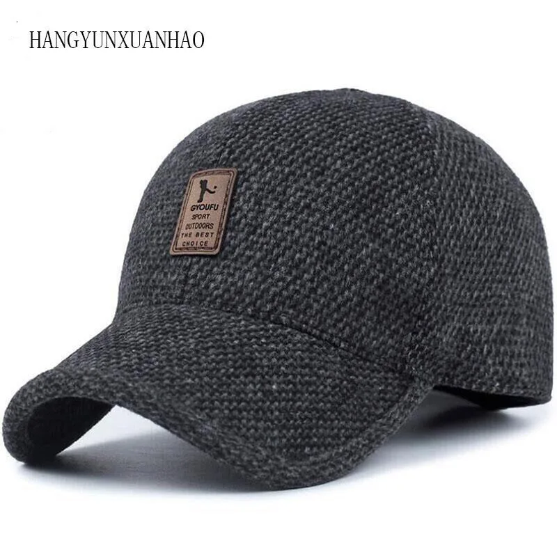 HANGYUNXUANHAO, Шерстяная Вязаная Дизайнерская зимняя бейсболка, Снэпбэк, утолщенные теплые шапки-ушанки для мужчин, шапка для гольфа - Цвет: black