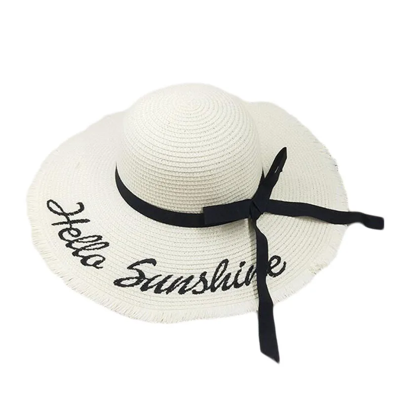 Персонализированная пляжная шляпа с вышивкой в виде букв Hello Sunshine, летняя соломенная шляпа для женщин, для медового месяца, морская широкополая шляпа
