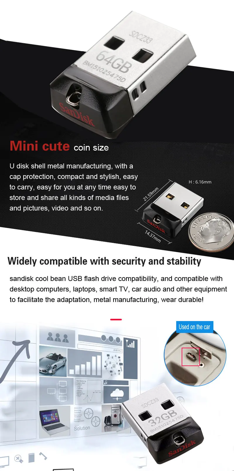 SanDisk USB флеш-накопитель Cruzer Fit CZ33 64 ГБ 32 ГБ 16 ГБ супер мини-флеш-накопитель USB 2,0 карта памяти 8 Гб U диск