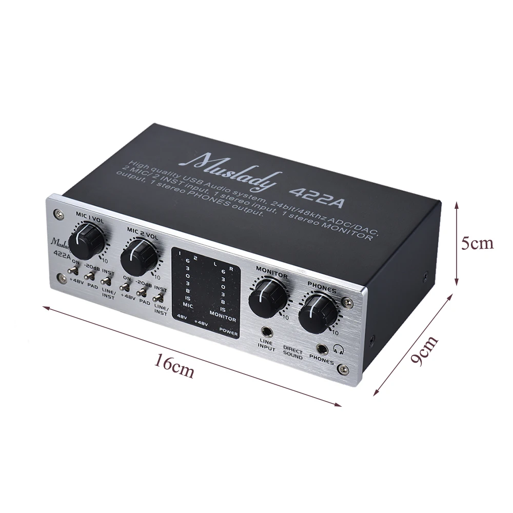 Muslady 422A 4 канала USB аудио Системы Интерфейс внешняя звуковая карта+ 48 V phantom Мощность DC 5 V Питание