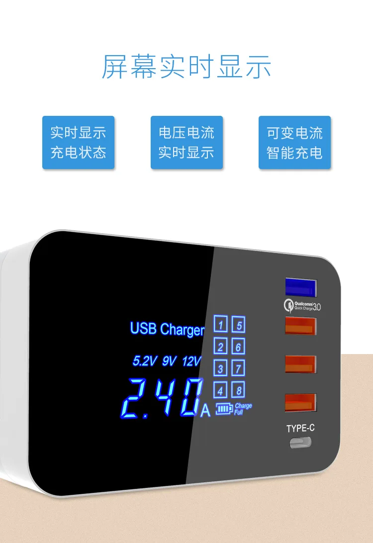 تشى اللاسلكية شاحن سريع تهمة 3.0 الذكية USB نوع C وحدة شاحن Led عرض سريع شحن هاتف لوحي USB مهايئ شاحن