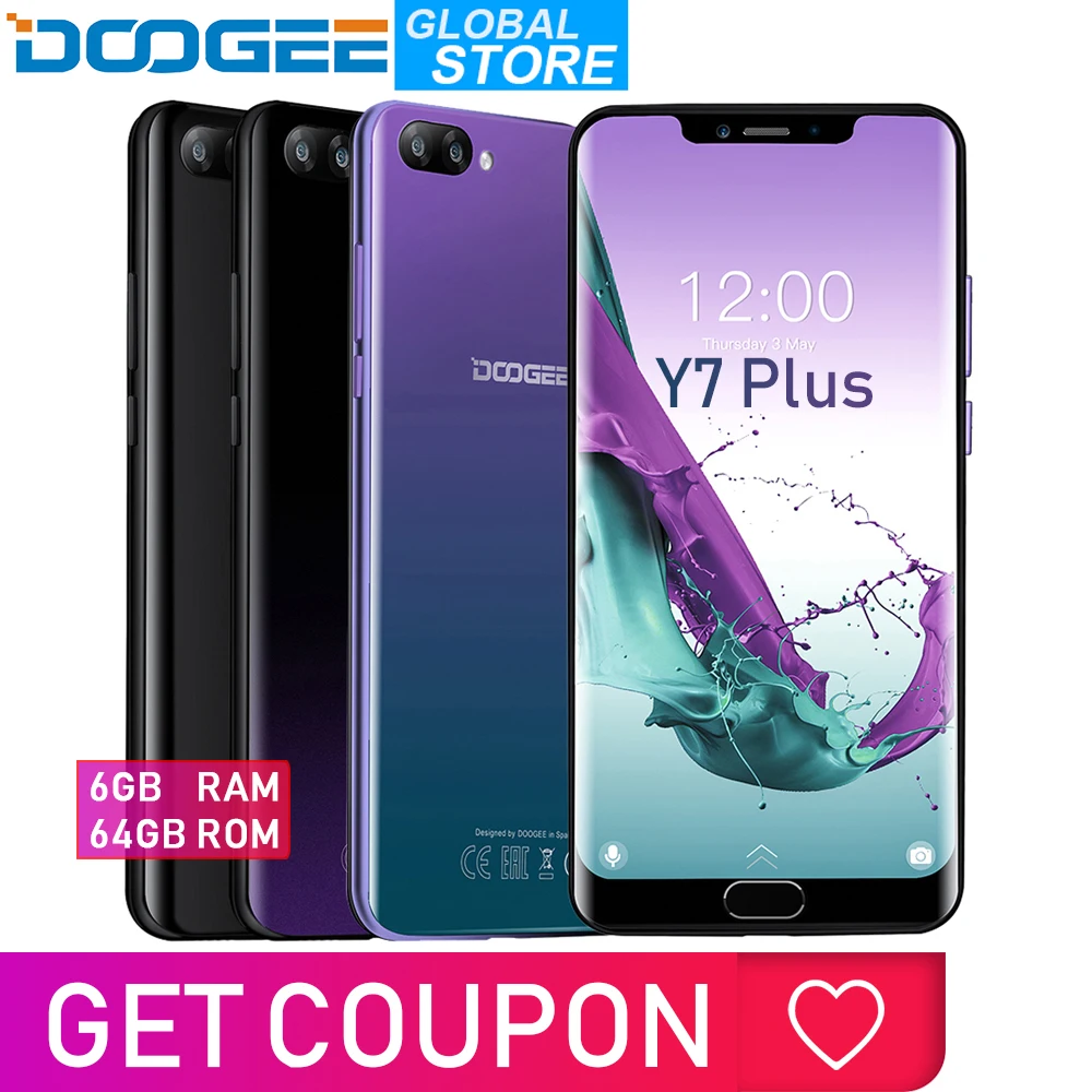 DOOGEE Y7 Plus CellPhone MTK6757 Octa-Core 2.5GHz 6GB RAM 64GB ROM 6.18inch 1080*2246 Screen 16.0MP+13.0MP 5080mAh Android 8.1