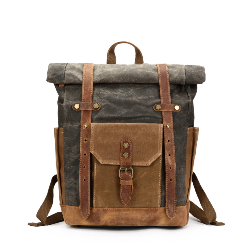 COLOR DISPLAY GREEN of Woosir Waterproof Waxed Canvas Leather College Weekend Travel laptops Backpack