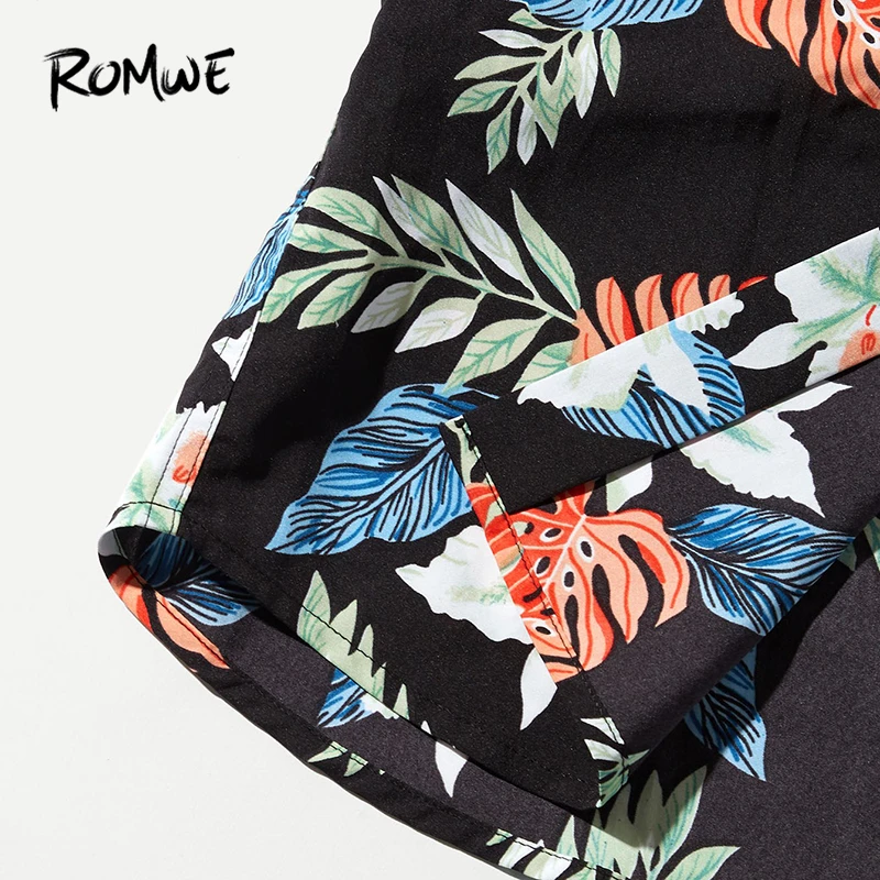 ROMWE Men Button Up Tropical Print Top 2019 Fashion Beach Summer Male Short Sleeve Turn Down Collar Single Breasted Blouse