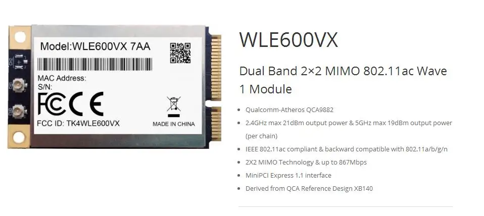 Для абсолютно новой беспроводной сетевой карты MINI PCI-E Compex WLE600VX Atheros QCA9882 2*2 802.11AC 867 Мбит/с 2,4G/5G модуль