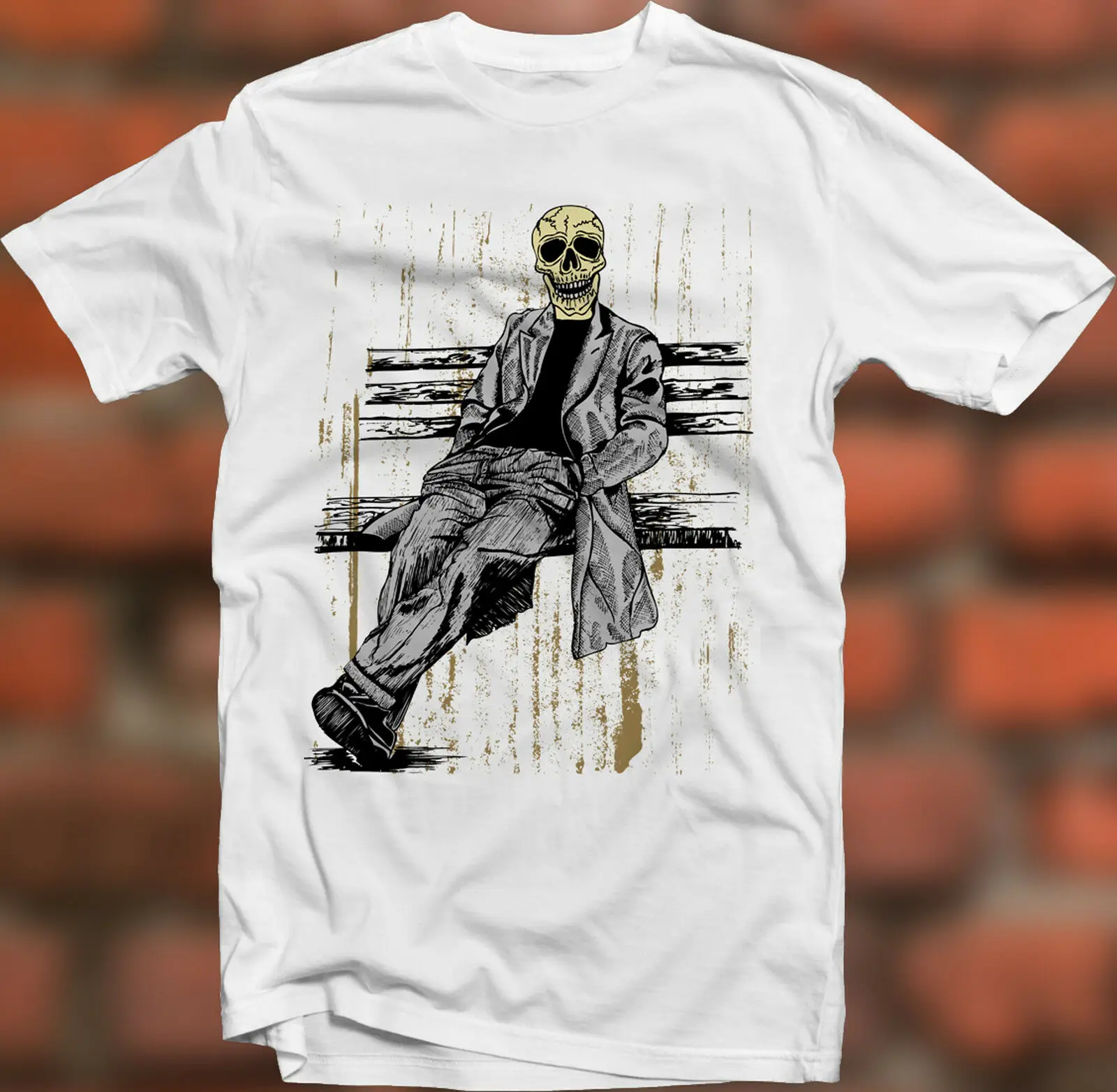 Skull on the Bench Gothic Scarf Bones Cross Retro Funny Print T-shirt Mens | Мужская одежда