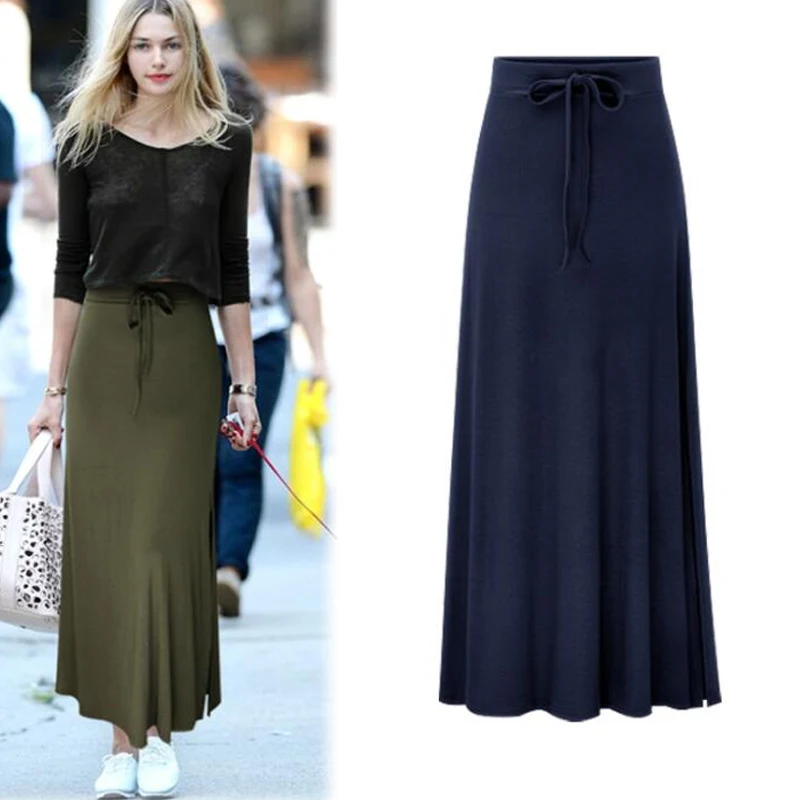 Женская юбка с высокой талией длинная облегающая поясом и разрезом модель 6XL в