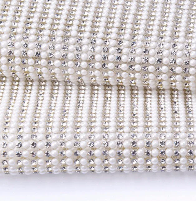 

Factory Promotion! rhinestone and Pearl Beaded Trim Iron On Diamond Mesh Bridal Strass Crystal Applique Roll For Garment/shoes