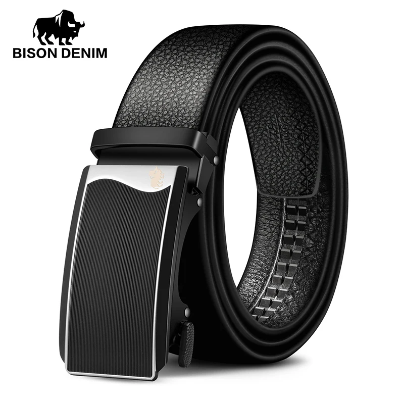 Ceny BISON DENIM skórzany pasek męski luksusowy pasek z czarnym paskiem pasek z automatyczną klamrą dla mężczyzn oryginalna naturalna skóra bydlęca pasy N71482