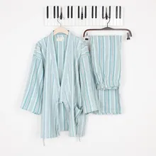 Для мужчин, одежда для мальчиков, Хлопковая пижама кимоно, одежда для сна, хлопковая Фланелевая пижама Для мужчин лаунж-Пижама комплект свободного кроя в полоску