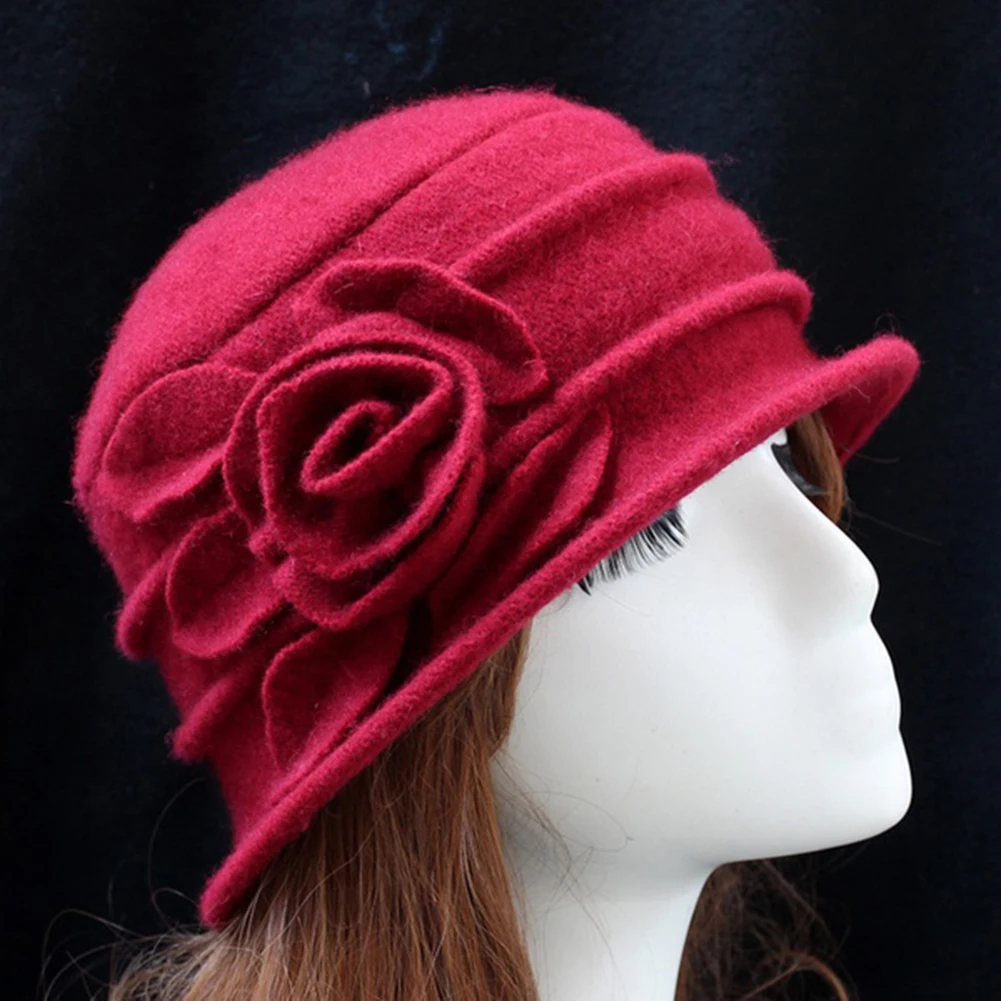 

Winter Women's Vintage Hat Church Cloche Flapper Lady Hats Flower Solid Color Caps Wool Bucket Hap High Quality Women's Hap