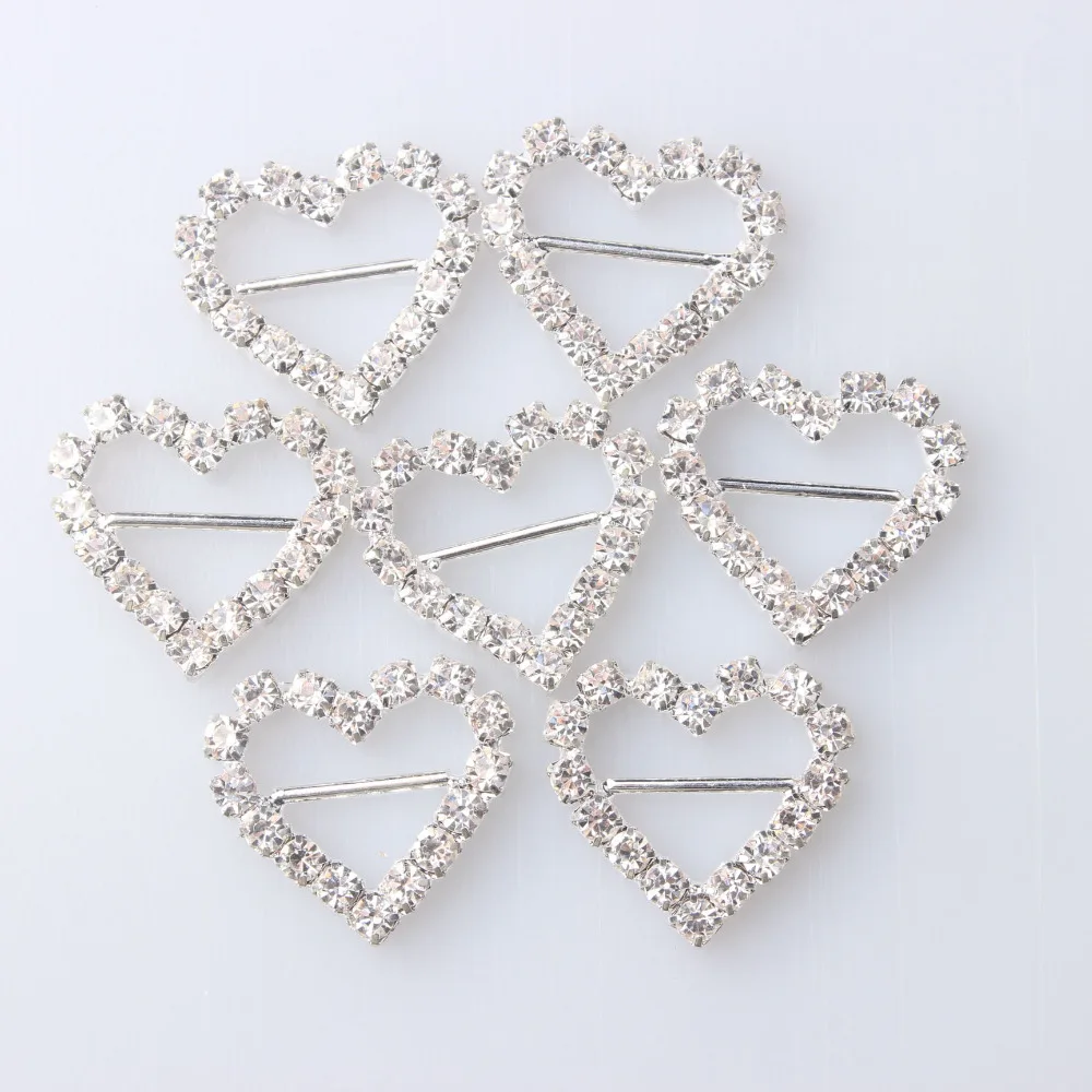 

24mm 9/10" Silver Heart Rhinestone Embellishment DIY Accessories Decoration Buckle For Wedding Invitation Card For Ribbon Slider