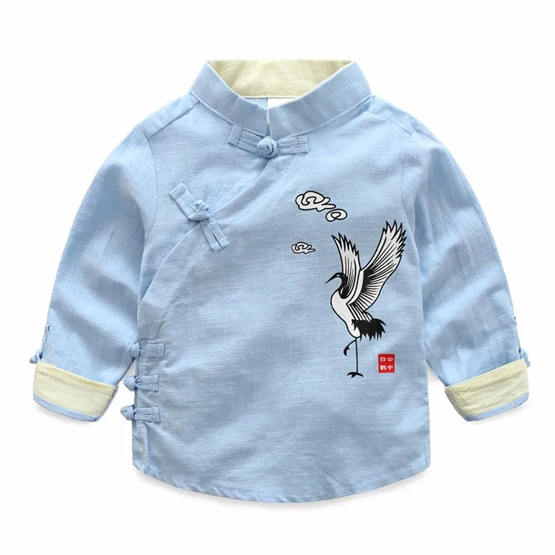 Boys Shirt Cotton Mandarin Collar Kids Shirt Long Sleeve Chinese Clothing Spring Autumn Shirts Crane Costume Children Clothing (6)