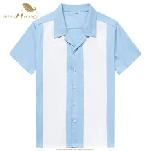 Camisa de bolos SISHION 50s Vintage de manga corta para hombre ST108BW de talla grande Patchwork azul claro camisa de hombre Casual de algodón