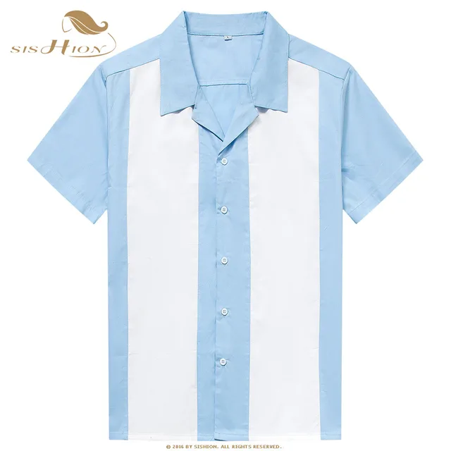 Best Offers SISHION 50s Vintage bowling Shirt Men Short Sleeve ST108BW Plus Size Patchwork Light Blue Cotton Casual Shirt man shirt