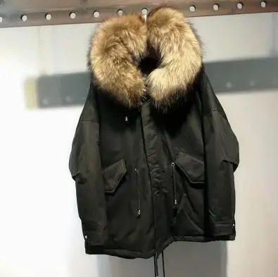 Зимнее длинное женское пуховое пальто, роскошное большое пальто с натуральным мехом енота, пальто с капюшоном, теплая плотная Женская парка - Цвет: Черный