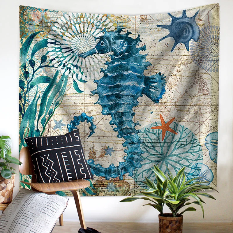 

150*130cm Ocean Animal Tapestry Seahorse Turtles Whale Octopu Beach Towel Yoga Picnic Mat Table Cloth Quick Dry Wall Decor