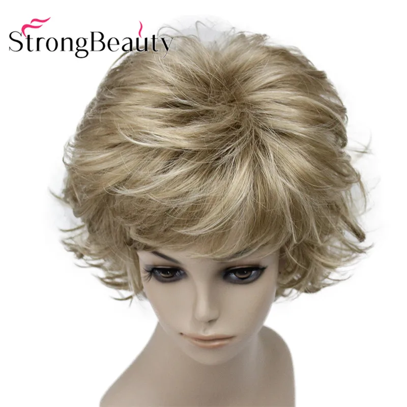 StrongBeauty 짧은 합성 가발 금발 자연스러운 웨이브 플러피 레이어드 컷 가발(뱅 포함)