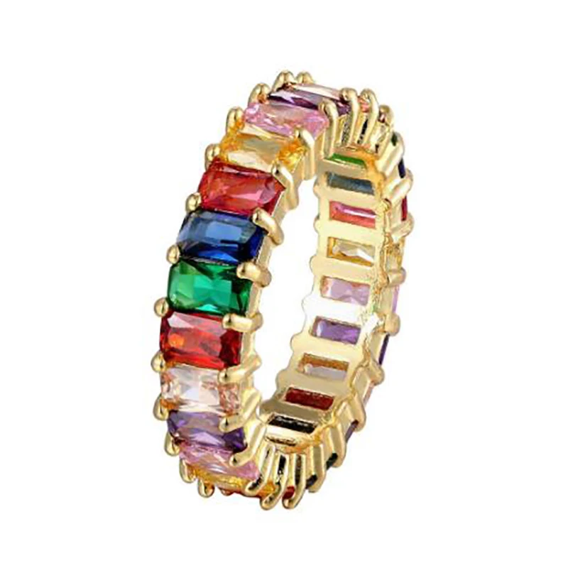 

Hot Sell Square Baguette Cubic Zirconia Engagement Rings For Women Colorful Stone Rainbow Band Rings Fashion Jewelry