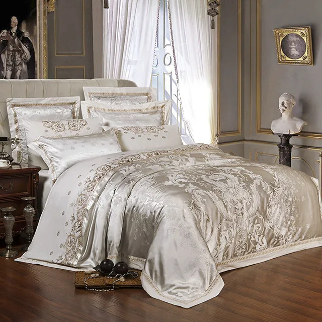 Sliver Golden Luxury Satin Jacquard Bedding Sets Embroidery Bed Set Sliver Golden Luxury Satin Jacquard Bedding Sets Embroidery Bed Set Double Queen King Size Duvet Cover