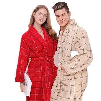 

Autumn winter bathrobe women thick towel fleece men robe XL sleepwear long-sleeve lounge nightgown long soft red khaki