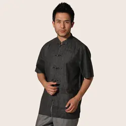 Темно серый китайский Для мужчин хлопок льняная рубашка вышивка кунг-фу тай-чи рубашка Повседневное топы с короткими рукавами M, L, XL, XXL, XXXL
