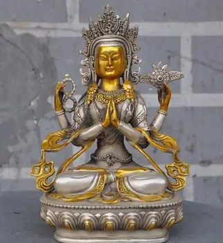 

8"old Tibet Buddhism Silver Gilt Protect 4 Arm Chenrezig Guan Yin buddha Statue