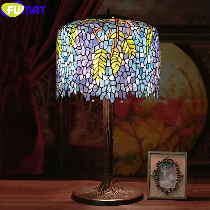 8002 FUMAT Wisteria Stained Glass Tiffany Style Table Lamps Copper Bases Pink Flower Green Leaf Handcraft Desk Lamp Art Lights