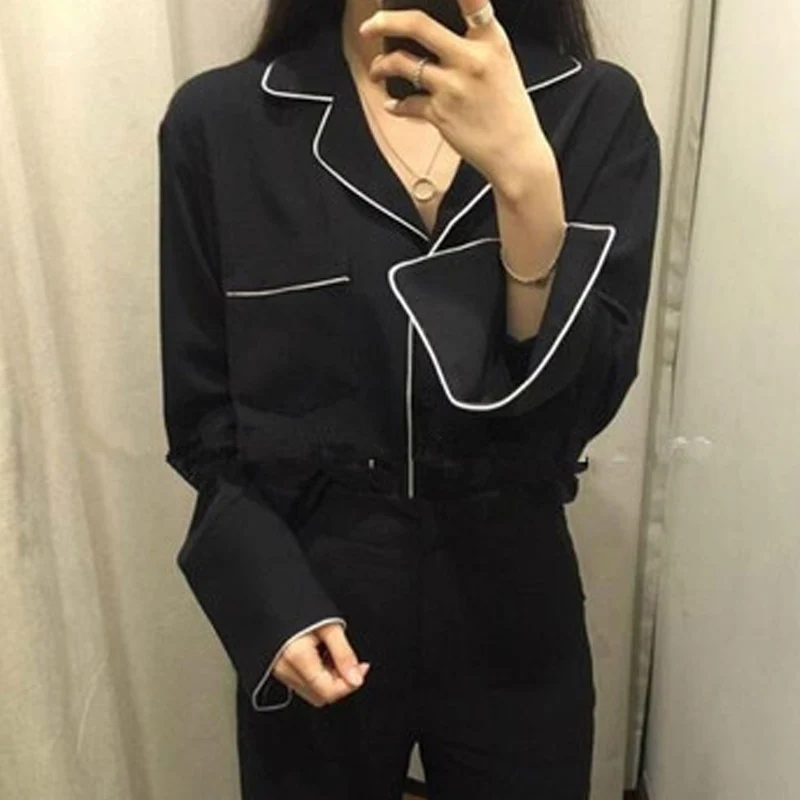 Acheter Nouveau Printemps Vintage Femmes Chemises Lâche Pleine Manches Col V Français Lazy Pyjamas Style Chemisier Blanc Noir 8586